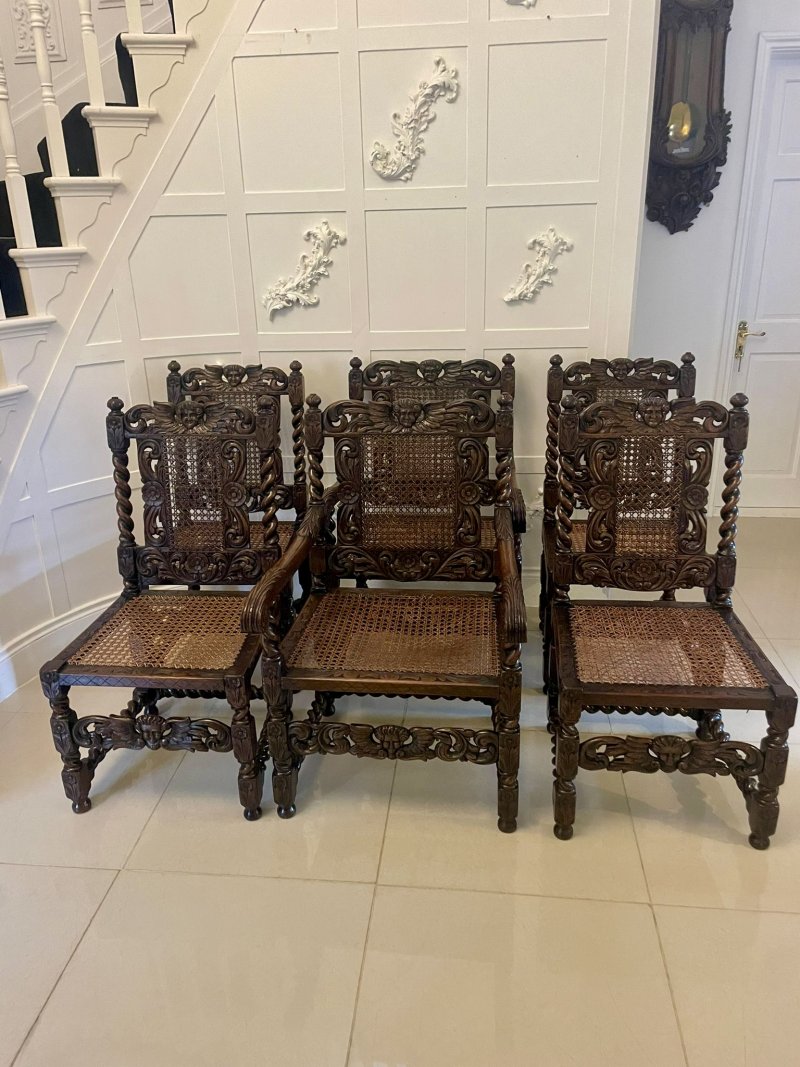 Set of Six Antique Victorian Quality Carved Oak Dining Chairs - Image 2